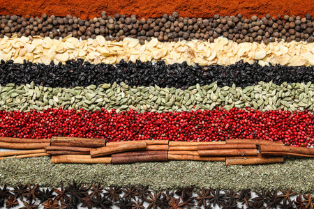 Set of different spices as background, top viewの写真素材