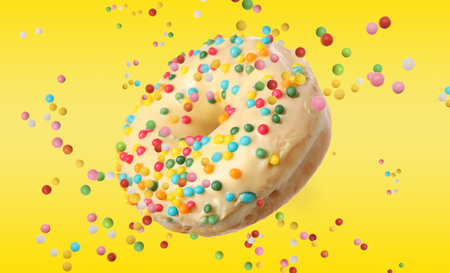 Sweet delicious glazed donut falling on yellow backgroundの写真素材
