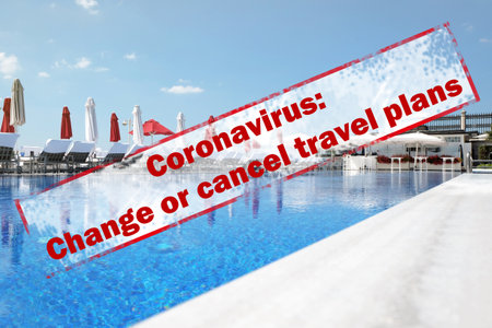 Vacation concept cancellation. Outdoor swimming pool at sea resort on sunny dayの写真素材