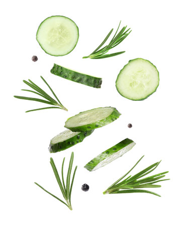 Set of flying fresh cucumber slices and other ingredients on white backgroundの写真素材