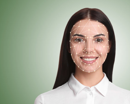 Facial recognition system. Young woman with biometric identification scanning grid on light green background, space for textの写真素材