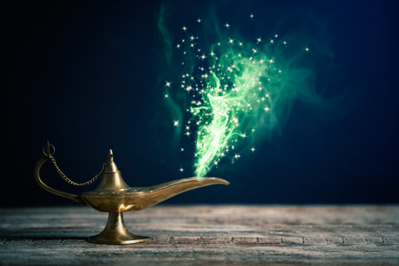 Genie appearing from magic lamp of wishes. Fairy taleの写真素材