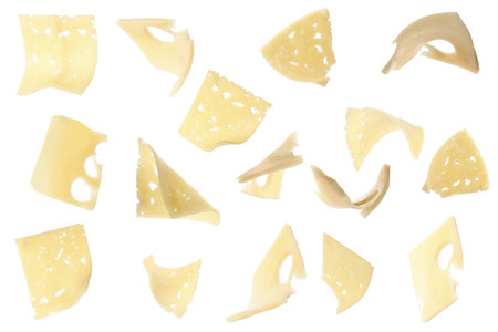 Collage with slices of cheese falling on white backgroundの写真素材