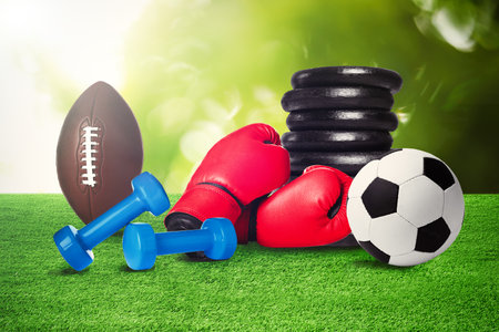 Set of different sport equipment on green grassの写真素材