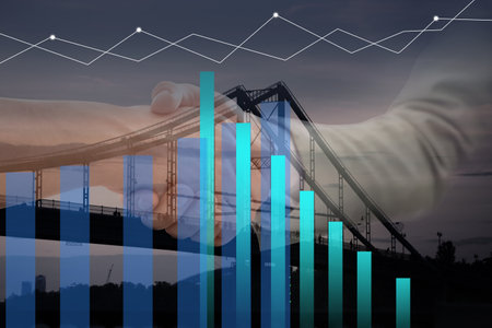 Double exposure of people shaking hands and cityscape, closeup. stock exchange tradingの写真素材