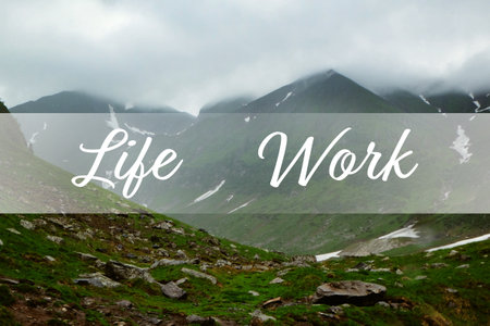 Picturesque view of beautiful foggy mountains. Concept of balance between work and lifeの写真素材