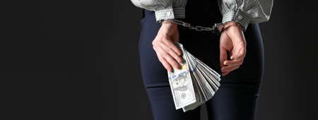 Woman in handcuffs holding bribe on black background, closeup. banner designの素材 [FY310197903964]