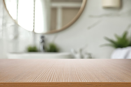 Empty wooden table and blurred view of stylish bathroom interiorの写真素材