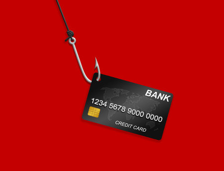 Hook with credit card on red background. cybercrimeの写真素材