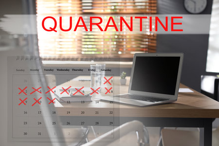 Workplace with laptop at home and calendar. Quarantine during  virus outbreakの写真素材