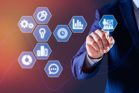 core values concept. Businessman pointing at icon on virtual screenの写真素材