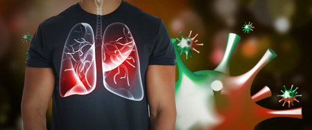 Man with diseased lungs surrounded by viruses on dark backgroundの写真素材