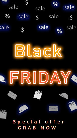 Text BLACK FRIDAY and different shopping icons on dark background