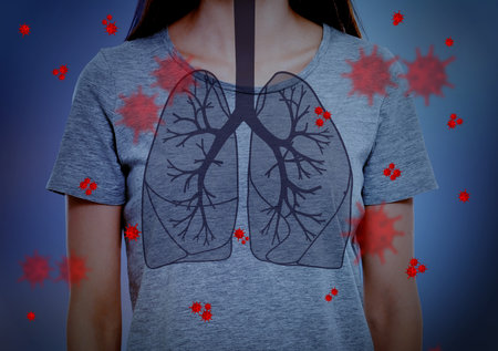 Woman with diseased lungs on blue backgroundの写真素材