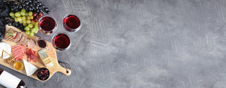 Flat lay composition with wine, snacks and space for text on gray background. banner designの写真素材