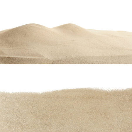 Heaps of dry beach sand on white backgroundの写真素材