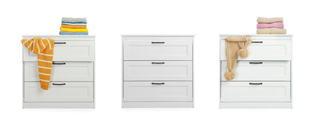 Collage with chests of drawers on white background. banner design