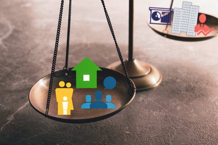 Work life balance concept. Scale with images on tableの写真素材