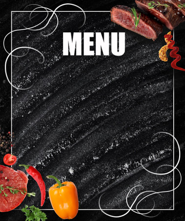 Design of menu with black board, meat and vegetables, space for textの写真素材