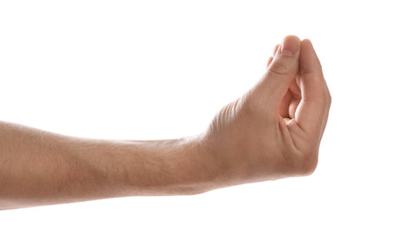 Man holding something against white background, closeup of handの写真素材