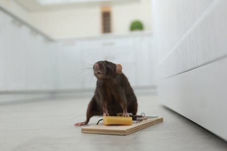 Rat and mousetrap with cheese indoors. pest controlの写真素材