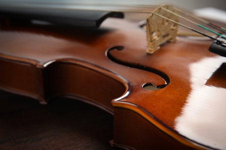 Beautiful violin on wooden table, closeup viewの写真素材