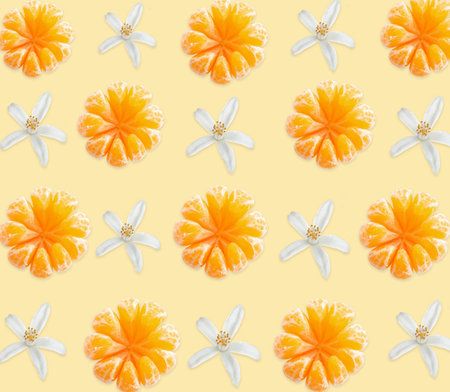 Pattern of peeled tangerines and flowers on pale light orange background