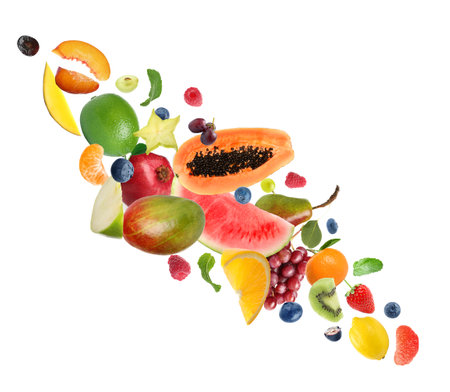 Set of different fresh fruits and berries on white backgroundの写真素材