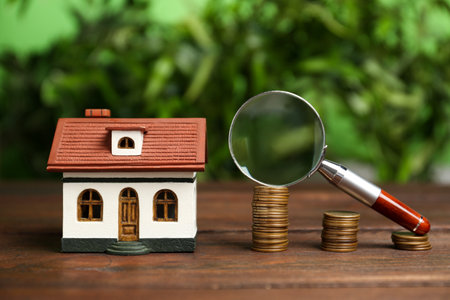 House model, coins and magnifying glass on wooden table against blurred background. Search conceptの写真素材