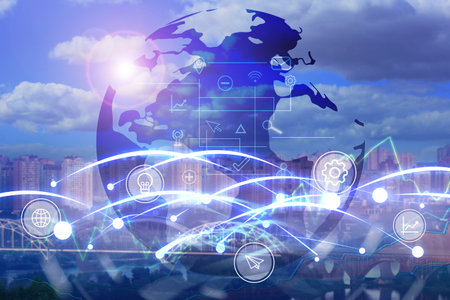 global business concept. Icons and world globe illustrations on city background