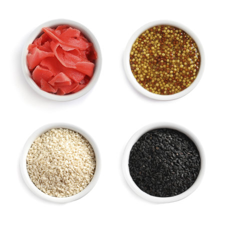 Set of different delicious sauce and condiments on white background, top view