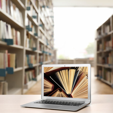digital library concept. Modern laptop on table indoorsの写真素材