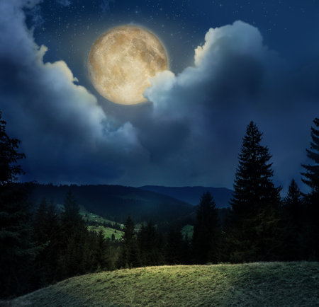Beautiful landscape with full moon in the night skyの写真素材
