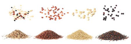 Set with different types of quinoa on white background. banner design