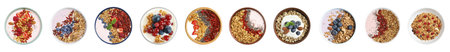 Set of different granola breakfasts with berries on white background, top view. banner designの写真素材