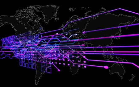 Futuristic dashboard of business analytics information. Digital schema and world map on black...