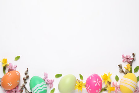 Flat lay composition with Easter eggs on white background. Space for textの写真素材