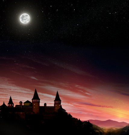 Fairy tale world. Magnificent castle under starry sky with full moonの写真素材