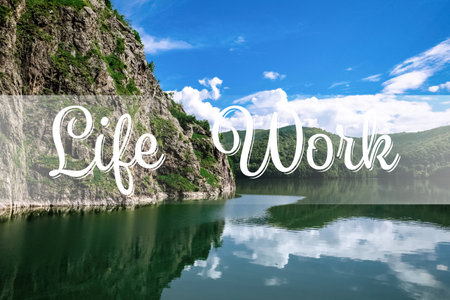 Picturesque view of beautiful lake surrounded by mountains on sunny day. Concept of balance between...
