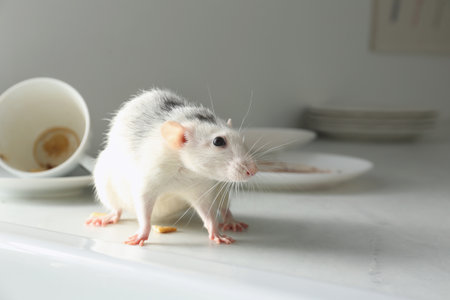 Rat near dirty dishes on table indoors. pest controlの写真素材