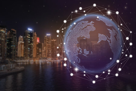 Globe with network connection lines and night city. modern technology