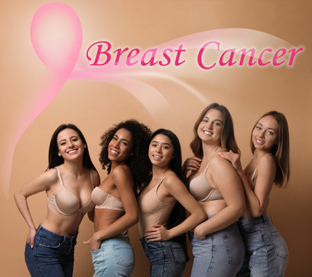 breast cancer awareness. Group of women on beige backgroundの写真素材