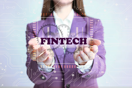 Fintech concept. Woman demonstrating digital scheme and gear mechanismsの写真素材