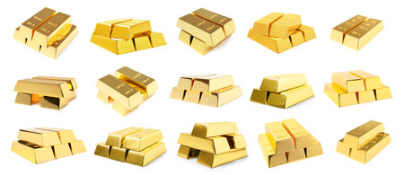 Set of shiny gold bars on white background. banner designの写真素材