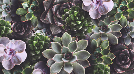 Many beautiful succulent plants as background, top view. banner designの写真素材