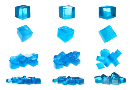 Set of delicious blue jelly cubes on white backgroundの写真素材