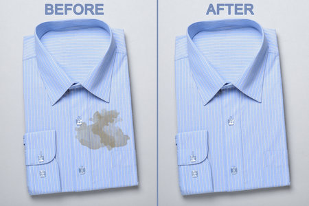 Stylish shirt before and after dry-cleaning on white background, top viewの写真素材
