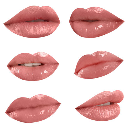 Set of mouths with beautiful makeup on white background. Glossy pink lipstickの写真素材