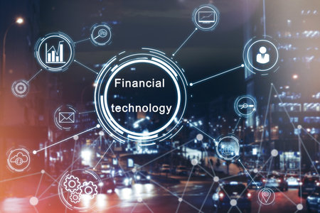 financial technology concept. Scheme with icons on city background