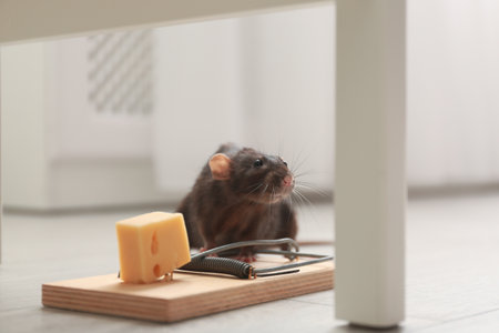 Rat and mousetrap with cheese indoors. pest controlの写真素材